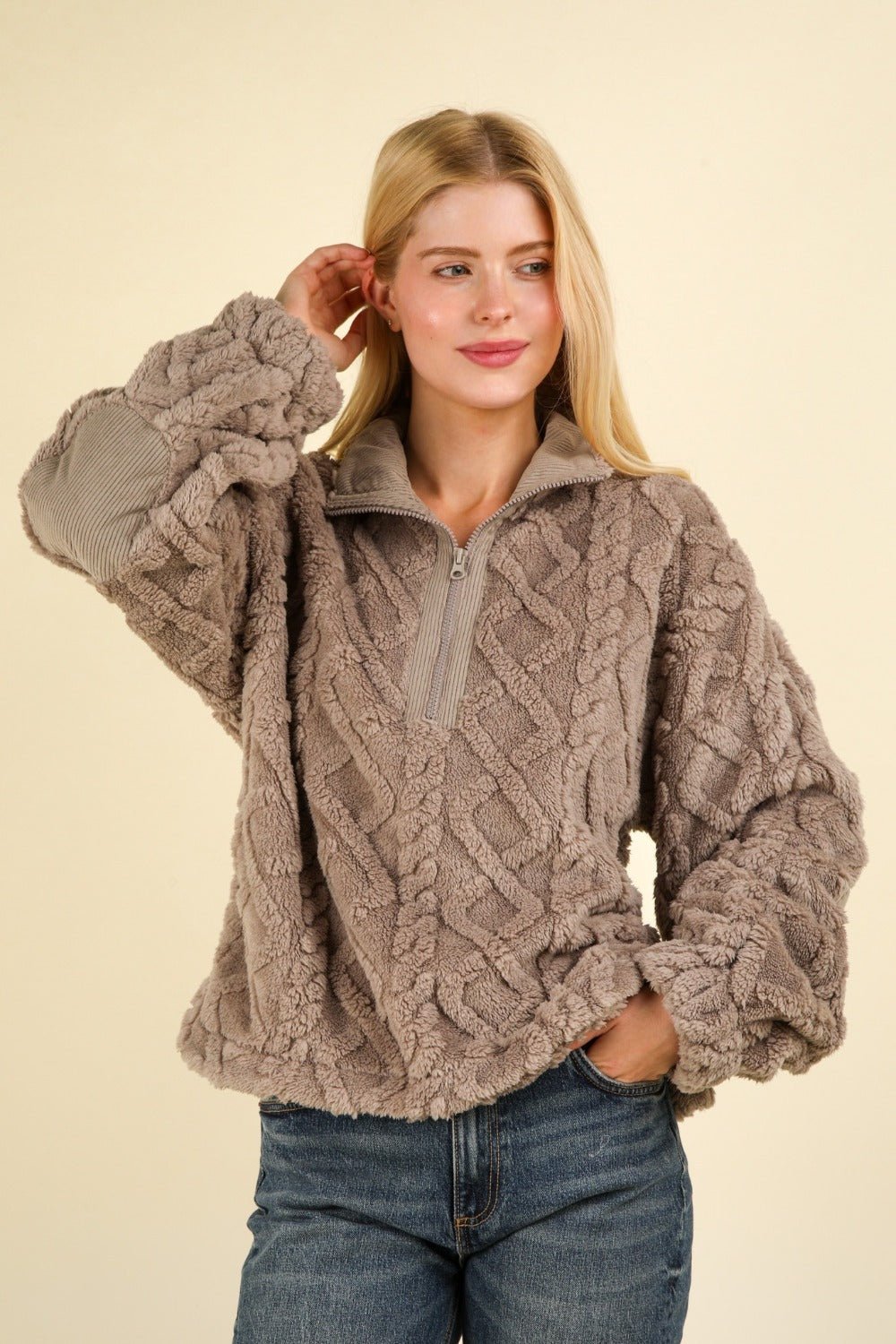 Very J - Fuzzy Fleece Half Zip Cable Pattern Sweatshirt in Charcoal