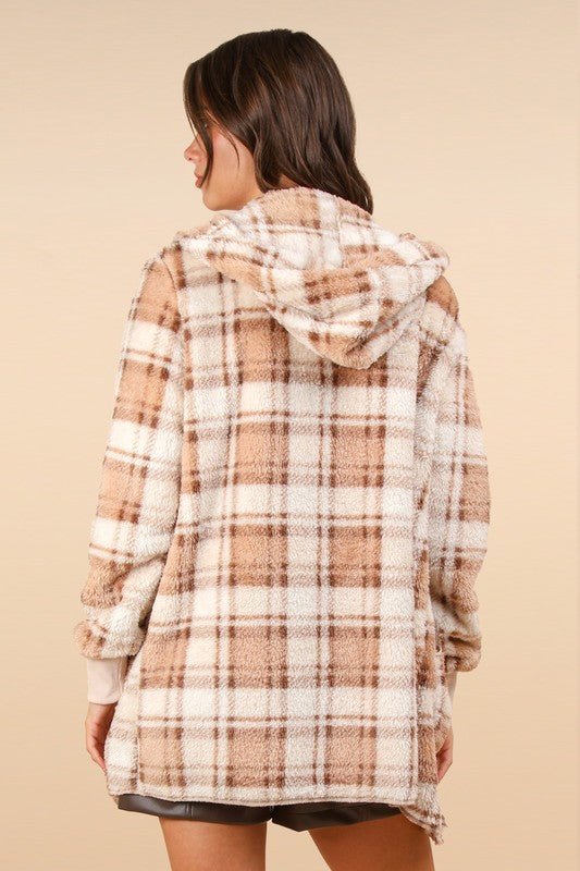 Very J - Fuzzy Plaid Long Sleeve Hooded Jacket in Camel