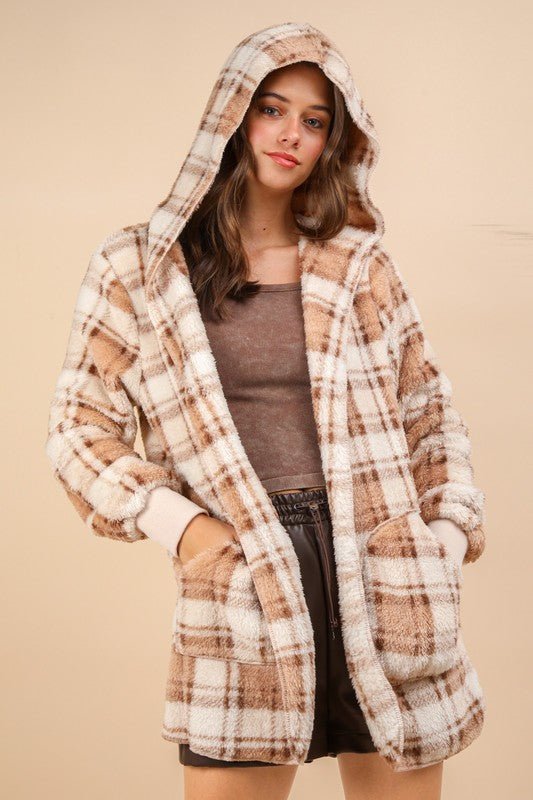 Very J - Fuzzy Plaid Long Sleeve Hooded Jacket in Camel