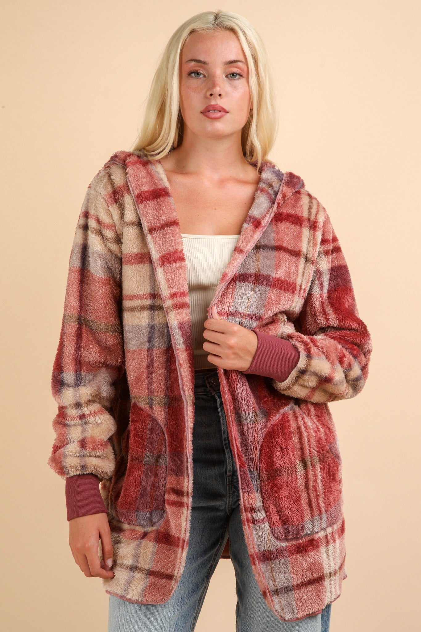 Very J - Fuzzy Plaid Long Sleeve Hooded Jacket in Mauve Mix