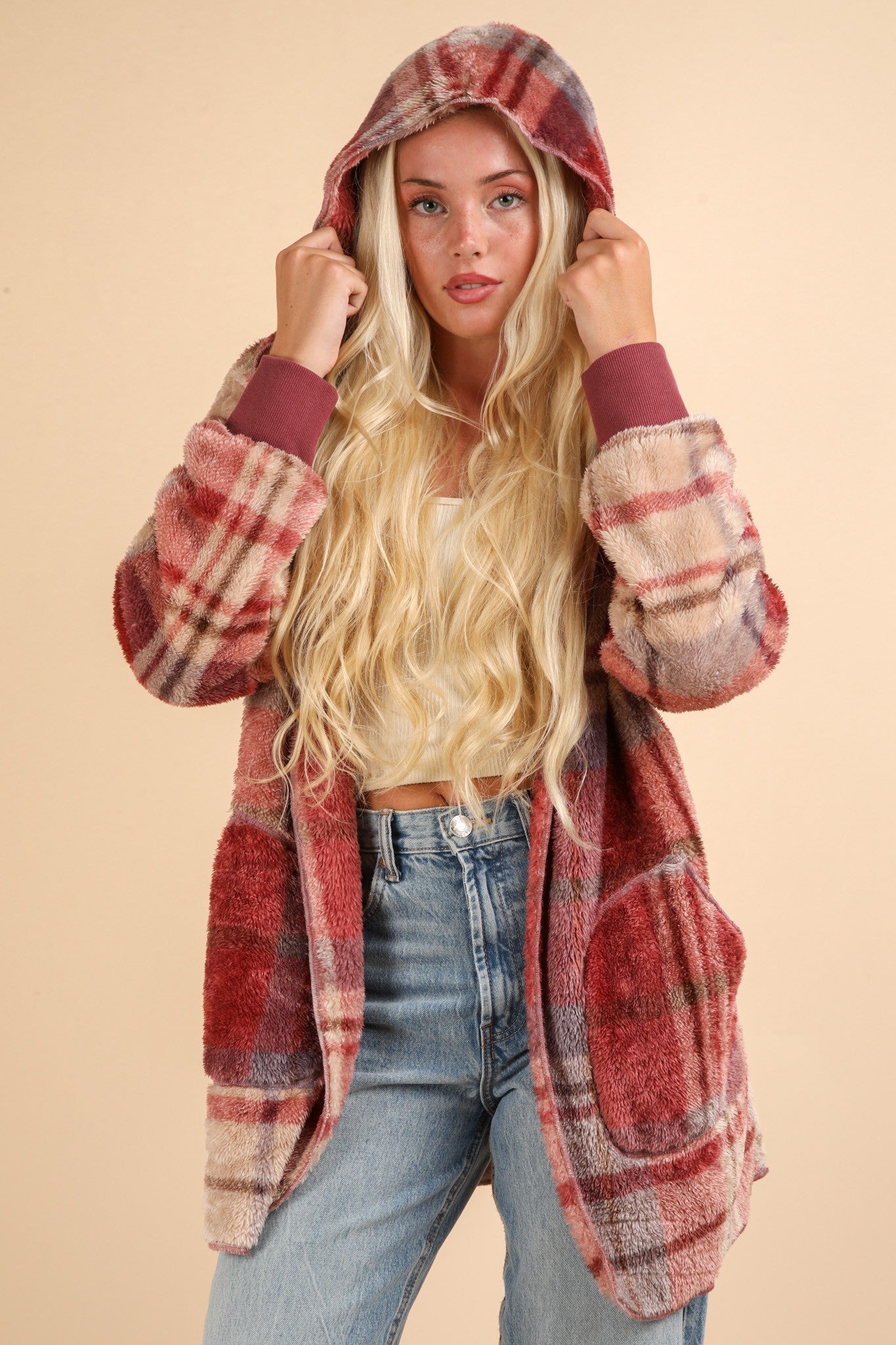 Very J - Fuzzy Plaid Long Sleeve Hooded Jacket in Mauve Mix