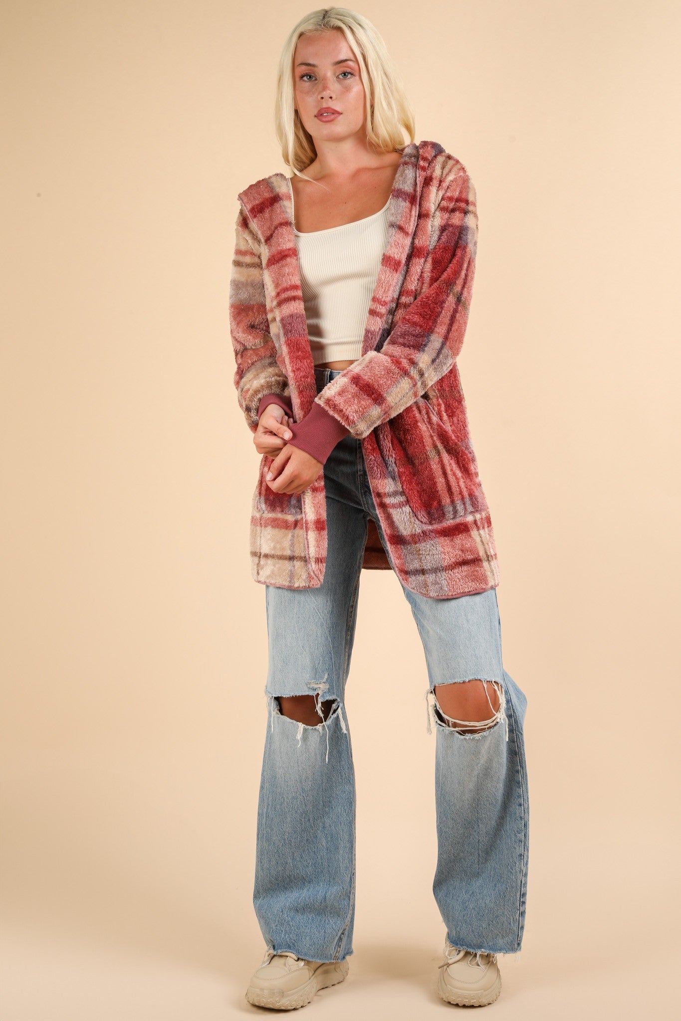 Very J - Fuzzy Plaid Long Sleeve Hooded Jacket in Mauve Mix