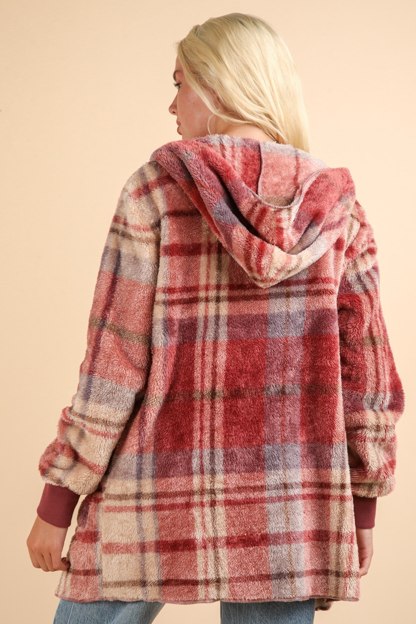 Very J - Fuzzy Plaid Long Sleeve Hooded Jacket in Mauve Mix