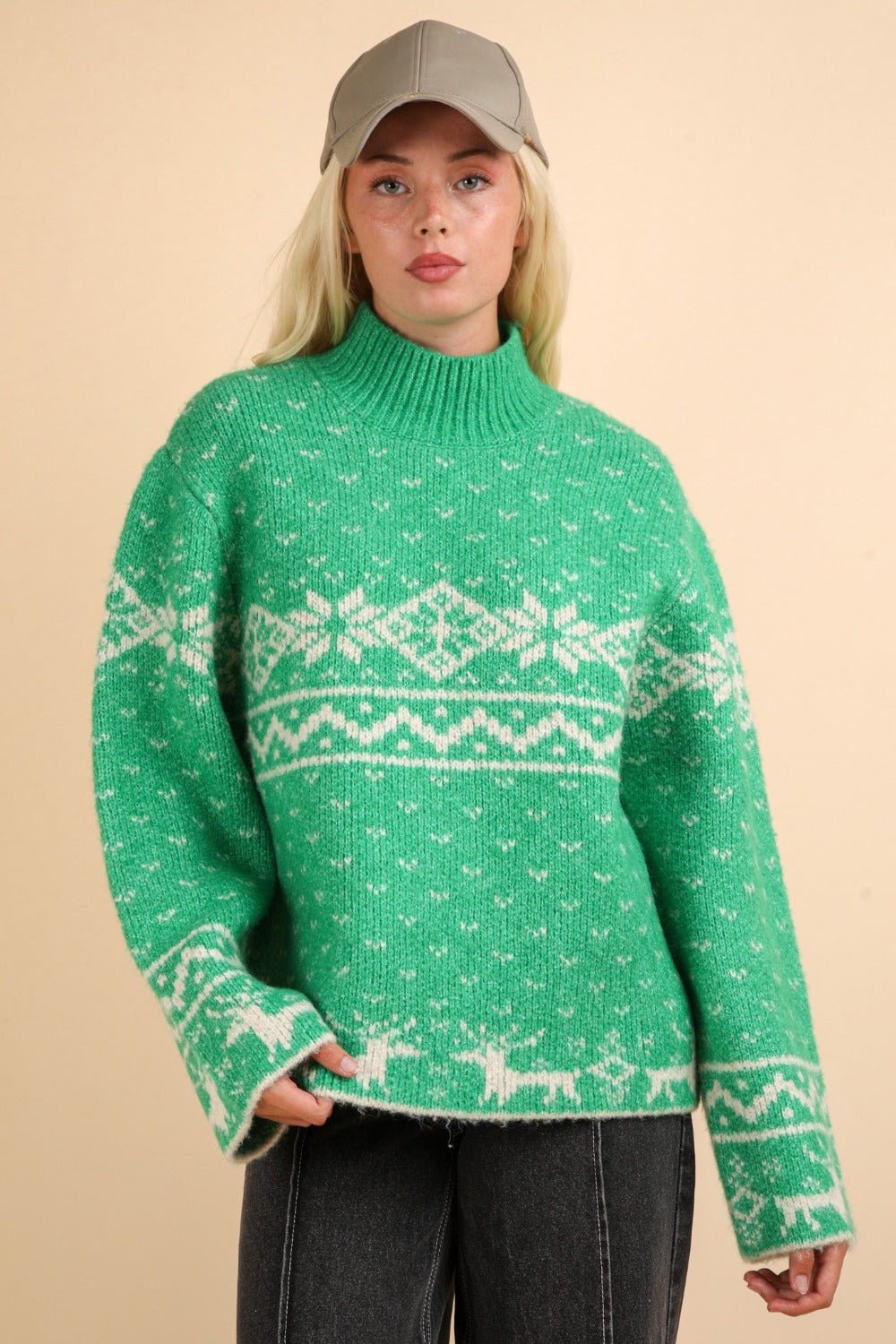 Very J - Green Christmas Design Mock Neck Sweater