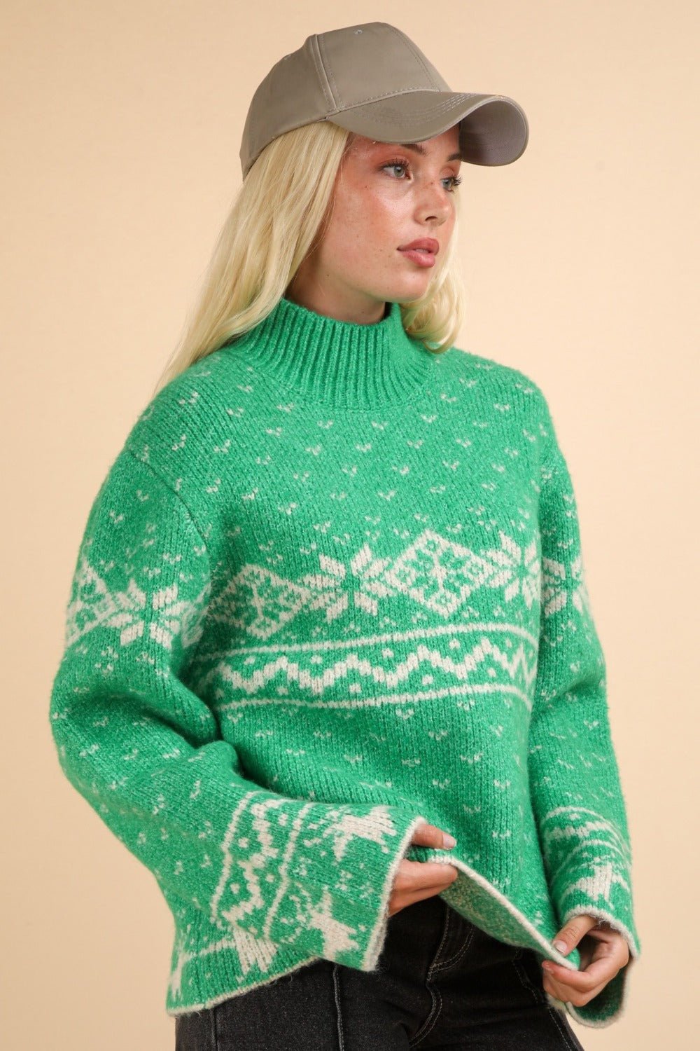 Very J - Green Christmas Design Mock Neck Sweater