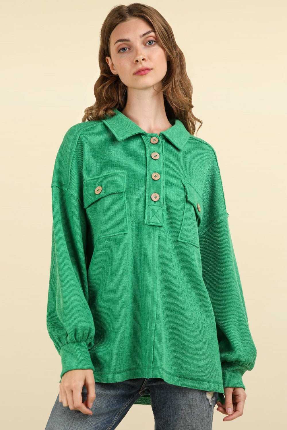 Very J - Green Collared Half Button Knit Top