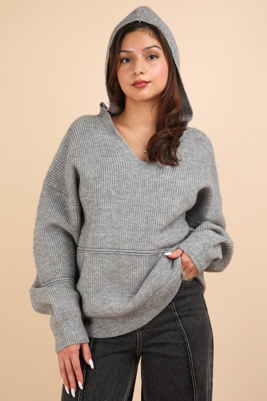 Very J - Grey Seam Detail Drop Shoulder Hooded Sweater