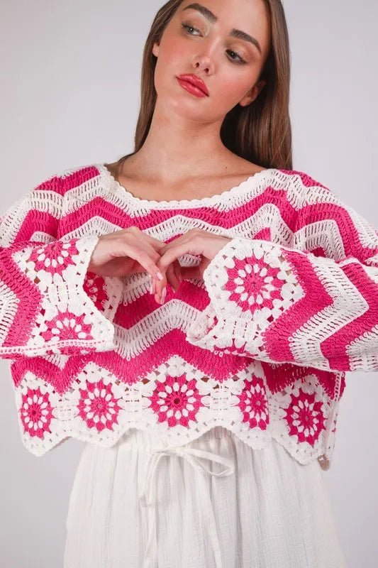 Very J - Hot Pink & White Crochet Chevron Floral Sweater