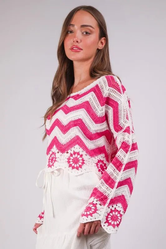 Very J - Hot Pink & White Crochet Chevron Floral Sweater