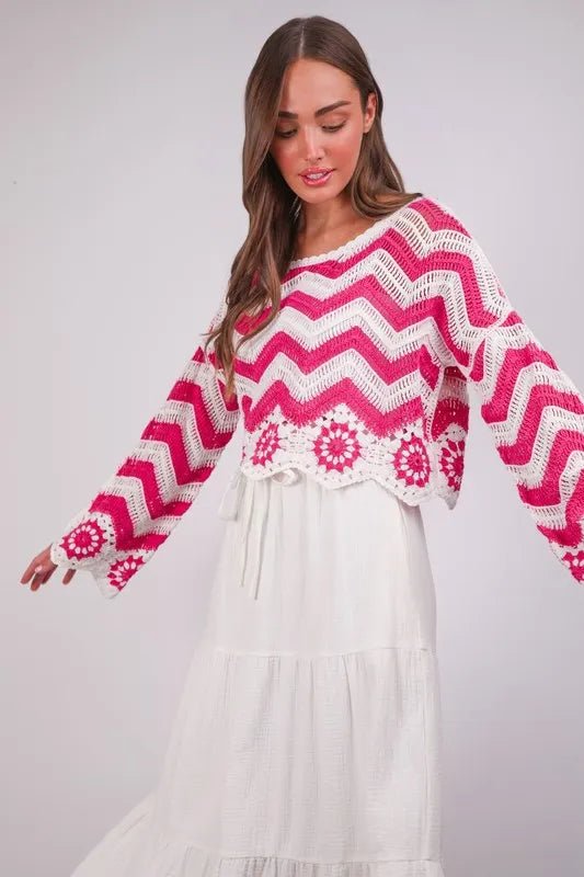 Very J - Hot Pink & White Crochet Chevron Floral Sweater