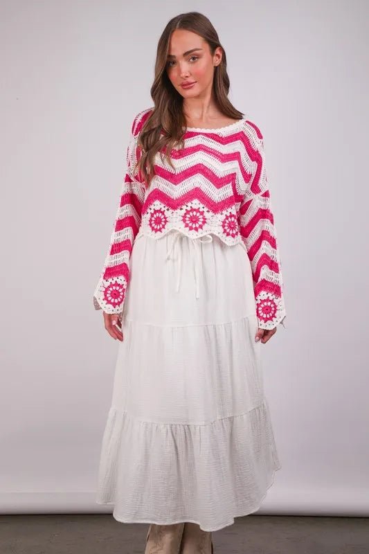 Very J - Hot Pink & White Crochet Chevron Floral Sweater