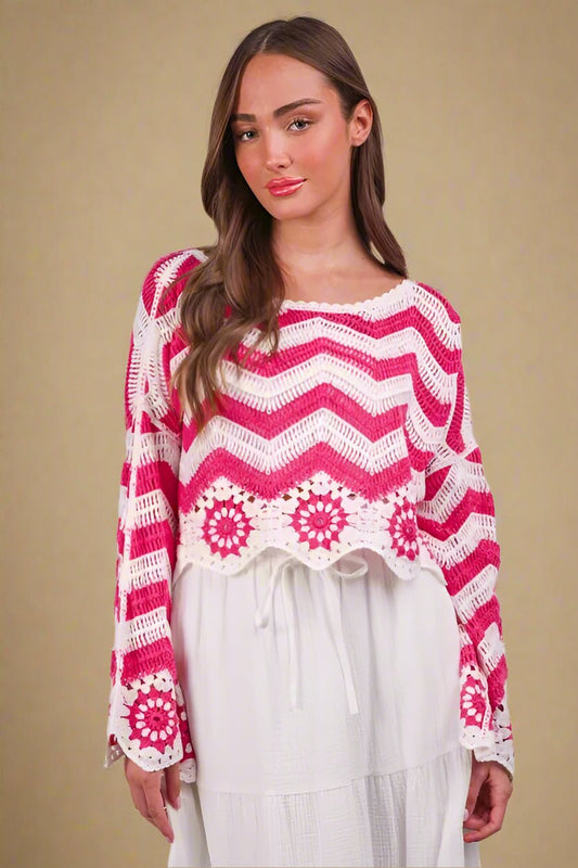 Very J - Hot Pink & White Crochet Chevron Floral Sweater