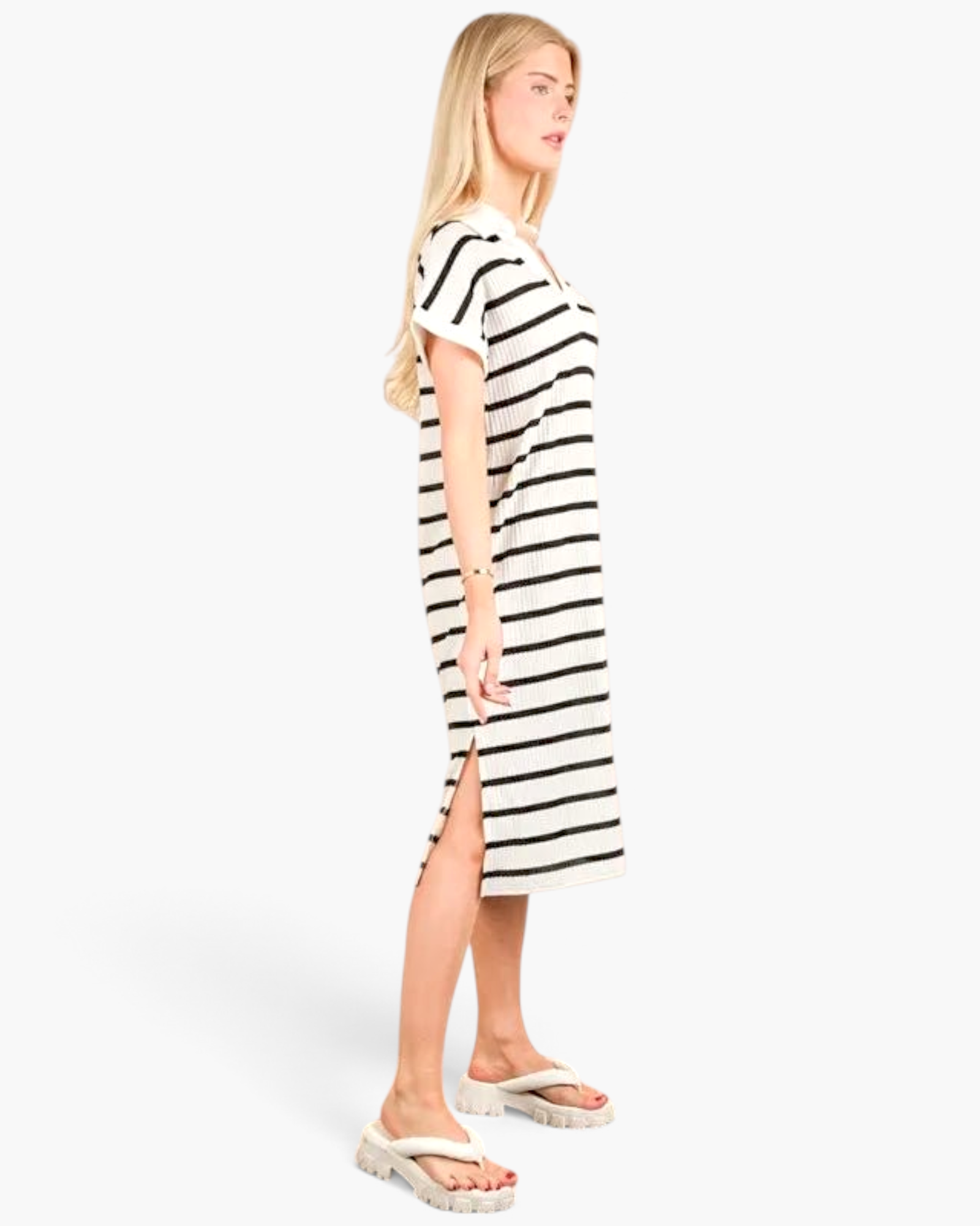 Very J - Ivory & Black Striped Knit Polo Midi Dress