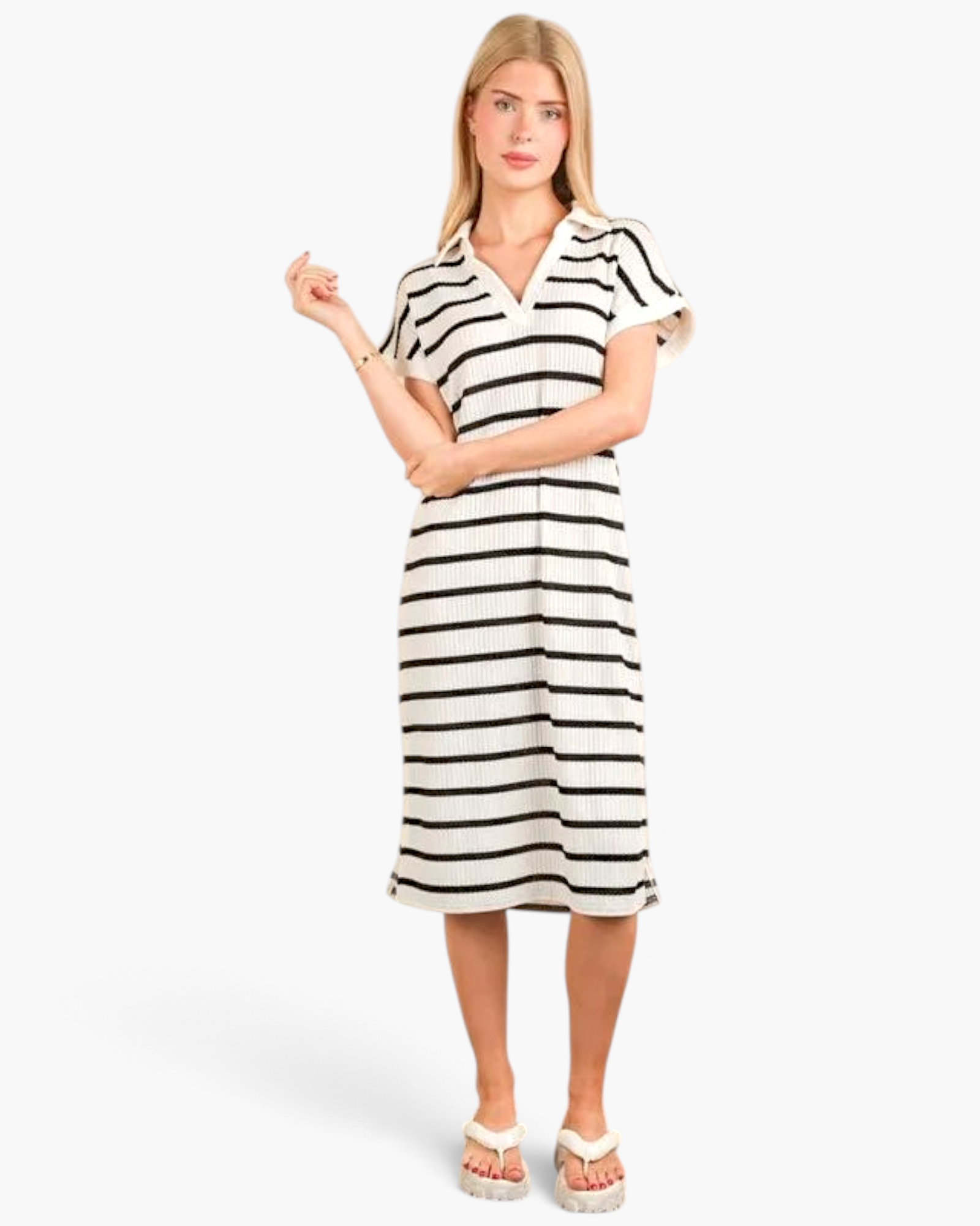 Very J - Ivory & Black Striped Knit Polo Midi Dress