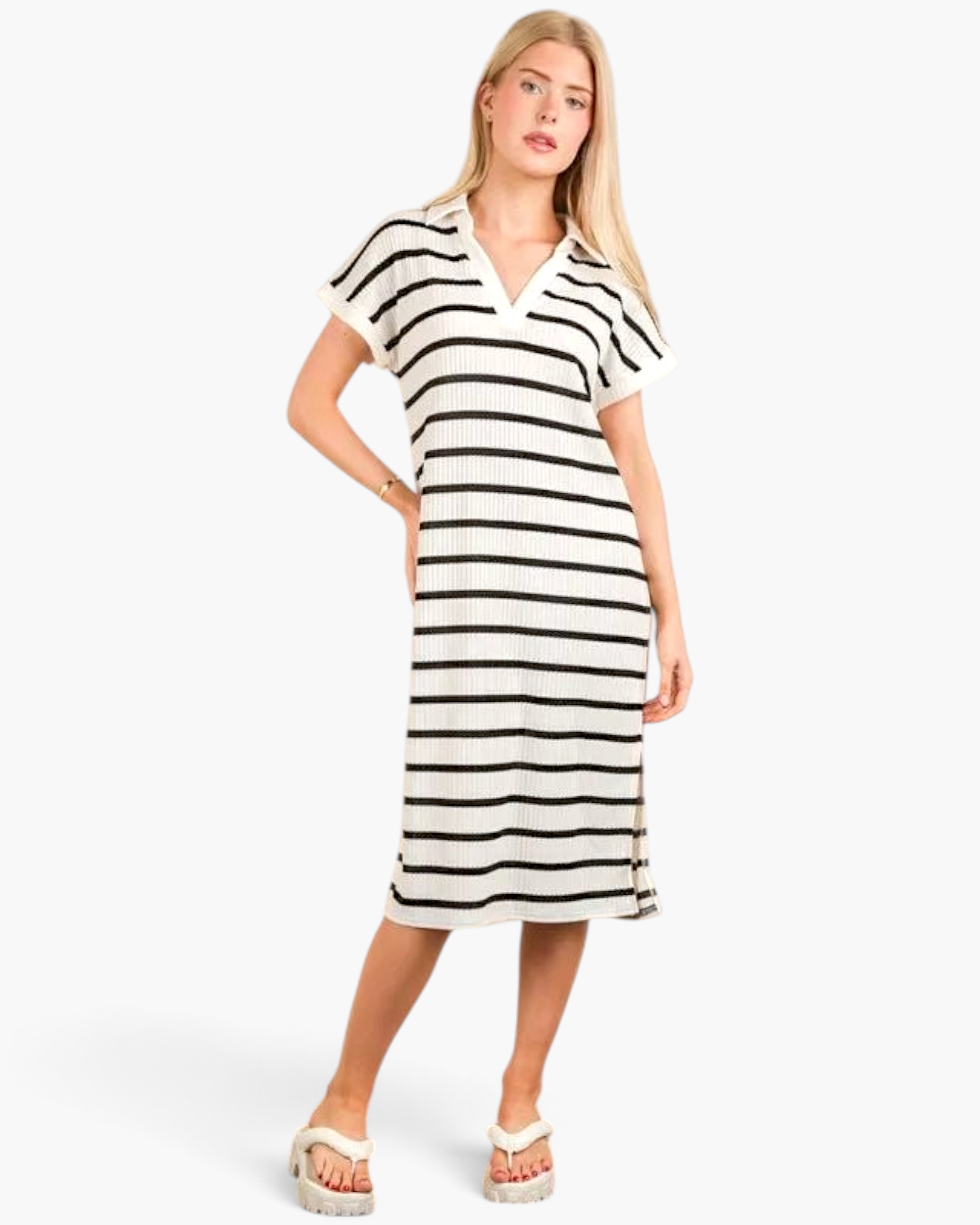 Very J - Ivory & Black Striped Knit Polo Midi Dress