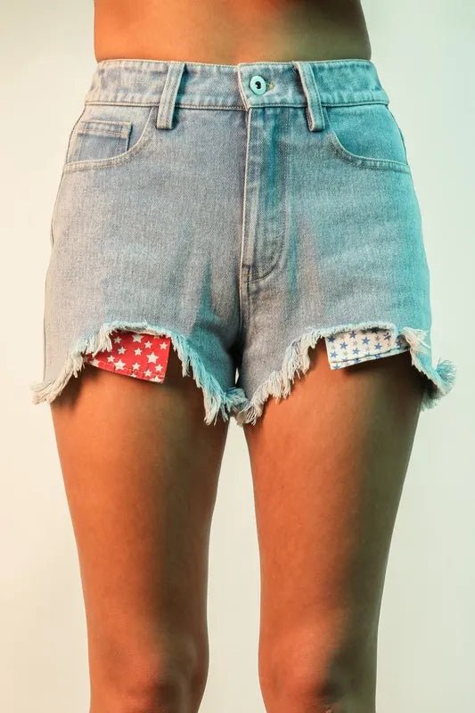 Very J - Light Wash Stars & Stripes Frayed Denim Shorts