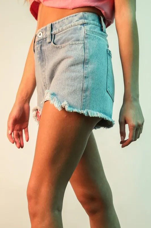 Very J - Light Wash Stars & Stripes Frayed Denim Shorts
