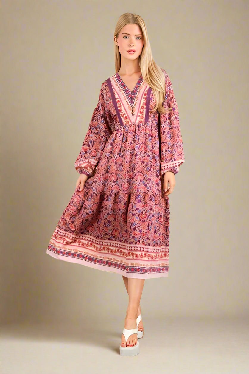 Very J - Mauve & Violet Boho Border Print Midi Dress