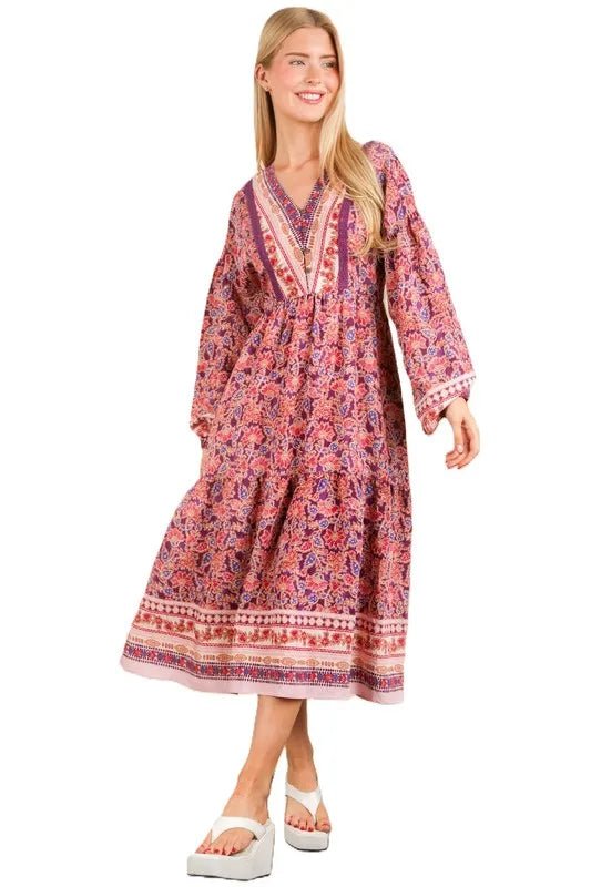 Very J - Mauve & Violet Boho Border Print Midi Dress