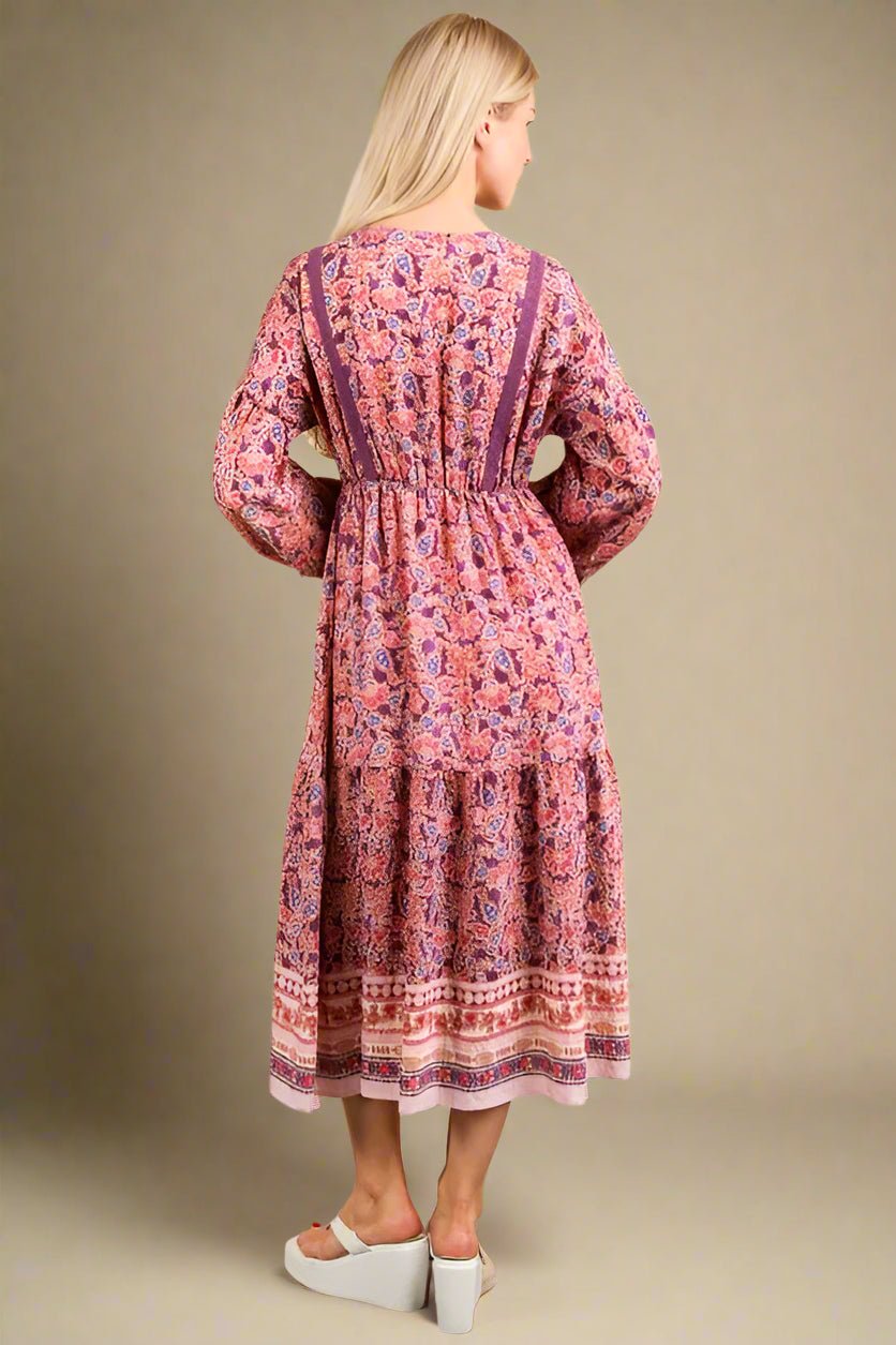 Very J - Mauve & Violet Boho Border Print Midi Dress