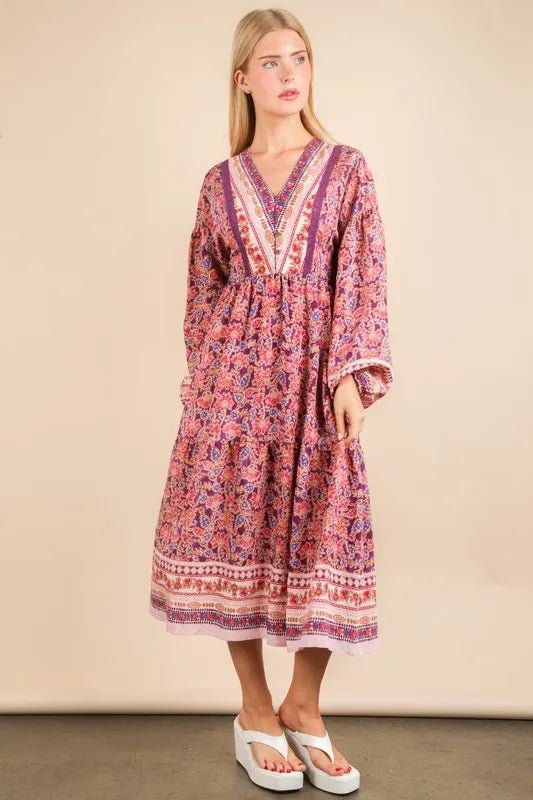 Very J - Mauve & Violet Boho Border Print Midi Dress