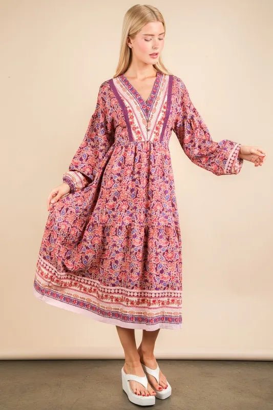 Very J - Mauve & Violet Boho Border Print Midi Dress