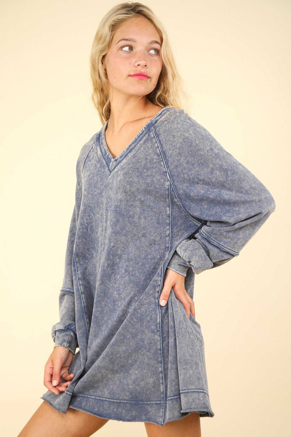 Very J - Mineral Washed Oversized Mini Dress in Denim Blue