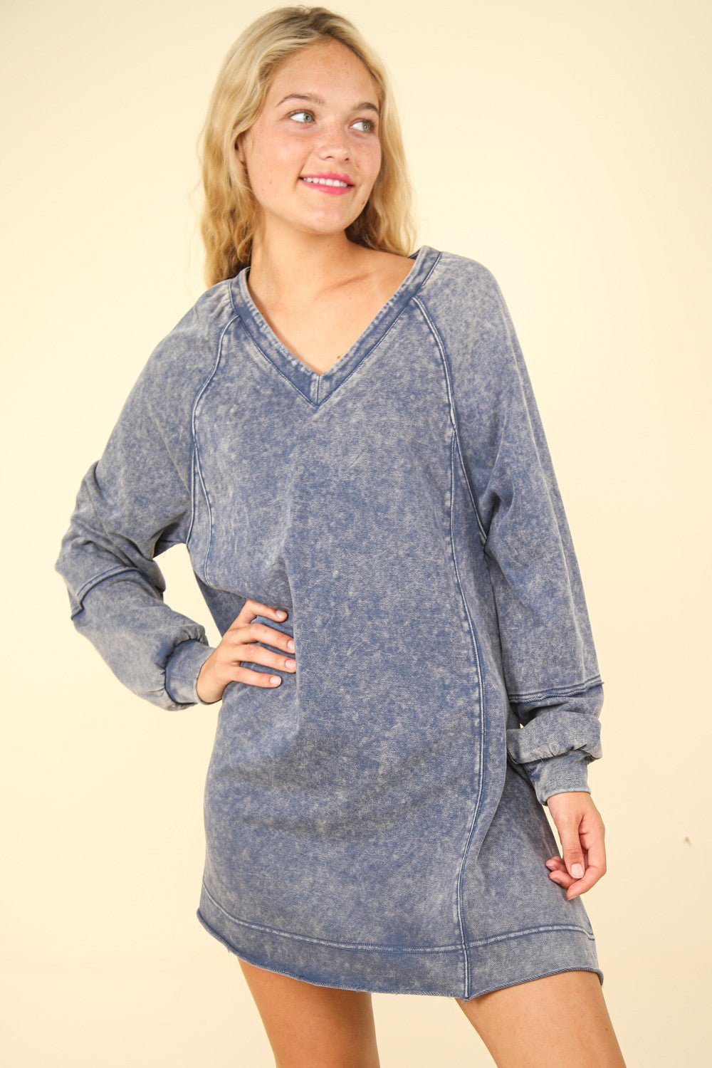 Very J - Mineral Washed Oversized Mini Dress in Denim Blue