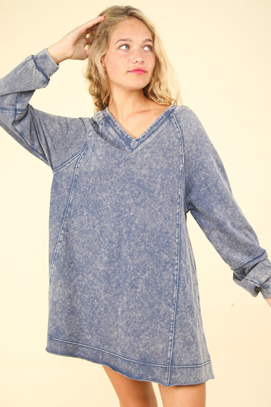 Very J - Mineral Washed Oversized Mini Dress in Denim Blue