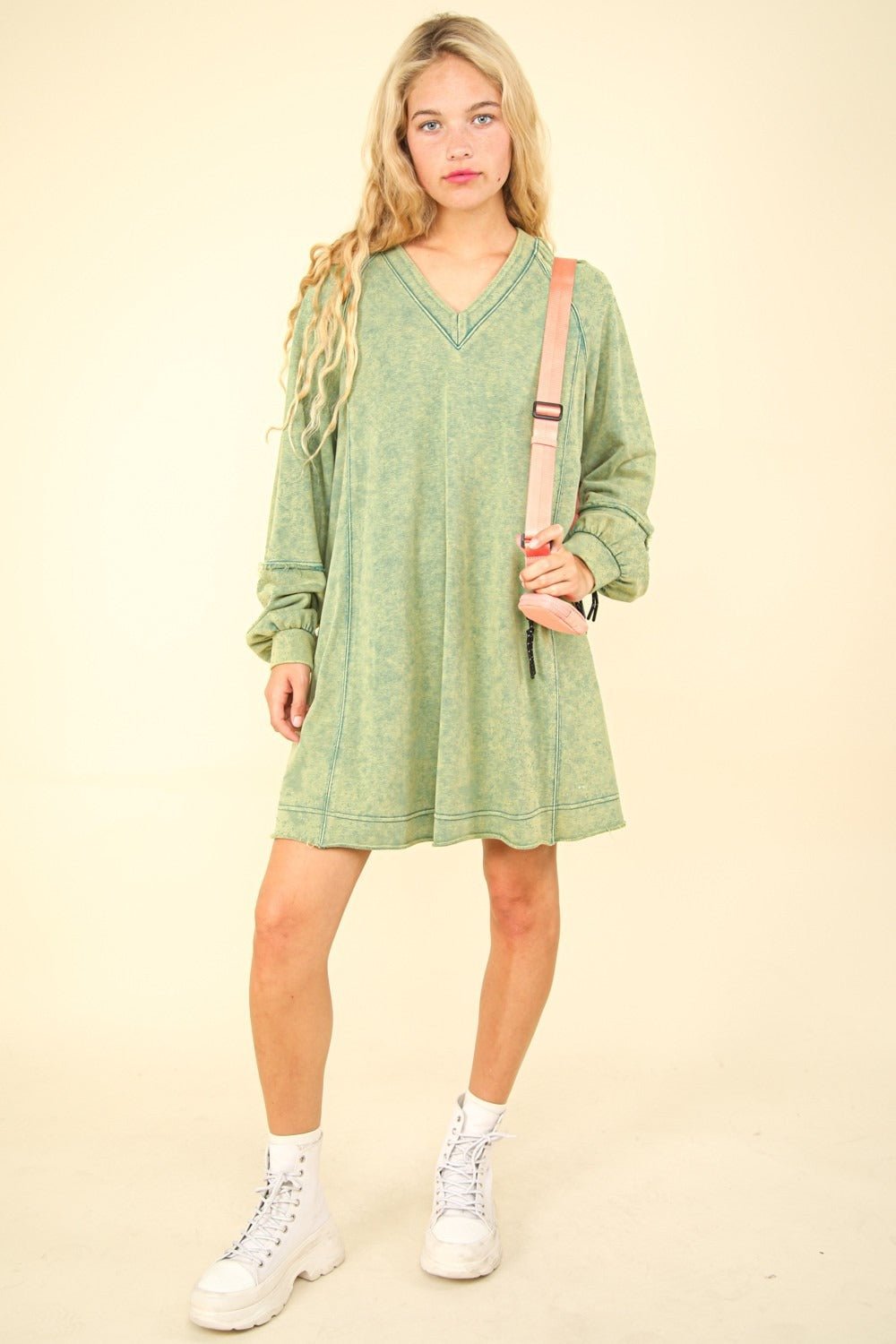 Very J - Mineral Washed Oversized Mini Dress in Forest