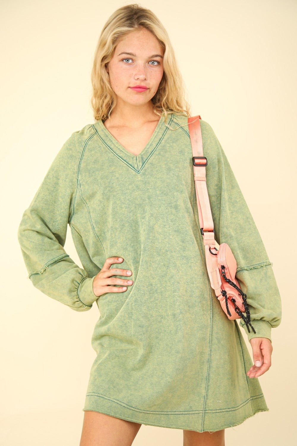 Very J - Mineral Washed Oversized Mini Dress in Forest