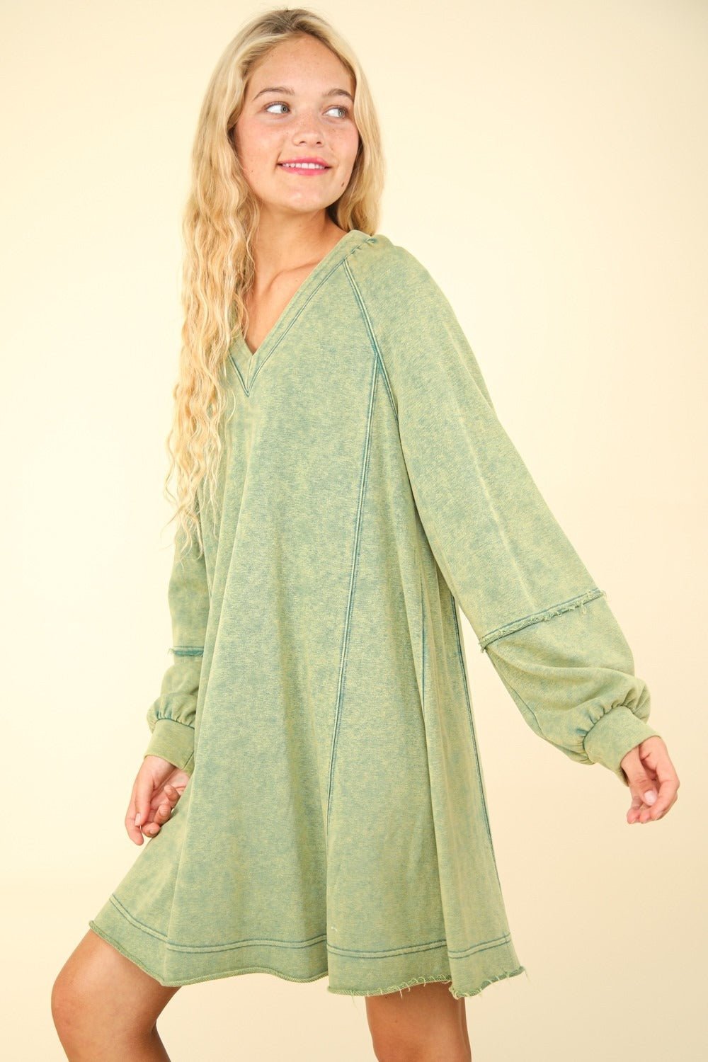 Very J - Mineral Washed Oversized Mini Dress in Forest