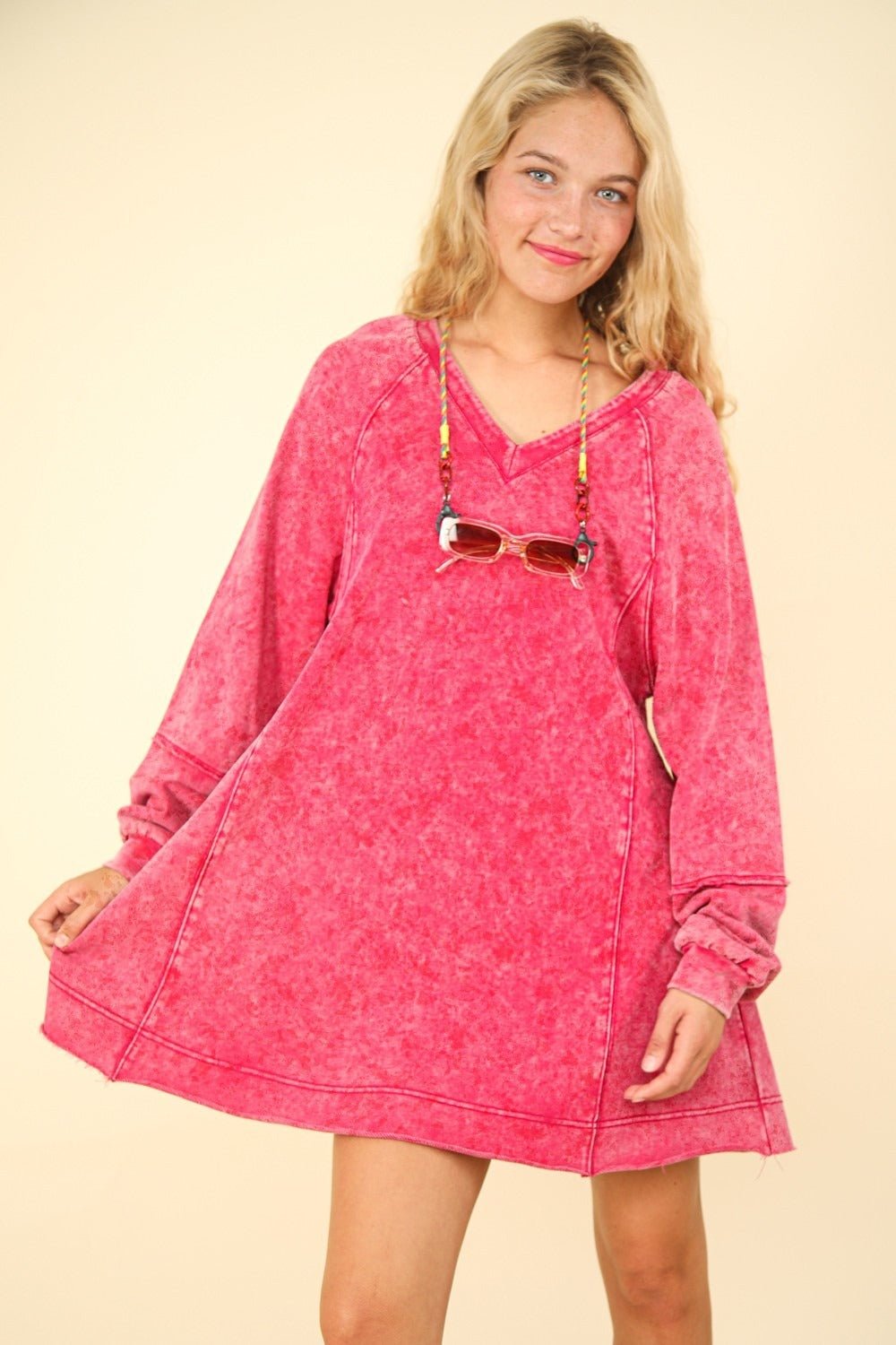 Very J - Mineral Washed Oversized Mini Dress in Magenta