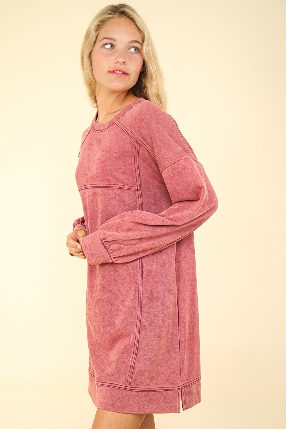 Very J - Mineral Washed Oversized Mini Sweatshirt Dress in Magenta