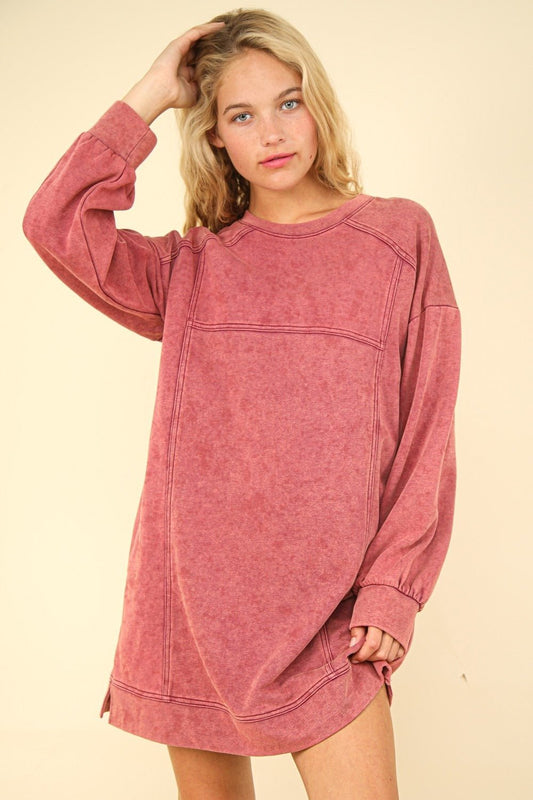 Very J - Mineral Washed Oversized Mini Sweatshirt Dress in Magenta