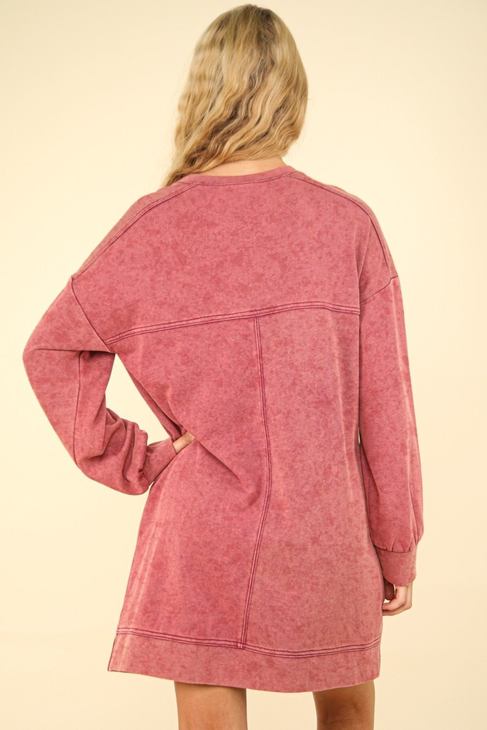 Very J - Mineral Washed Oversized Mini Sweatshirt Dress in Magenta