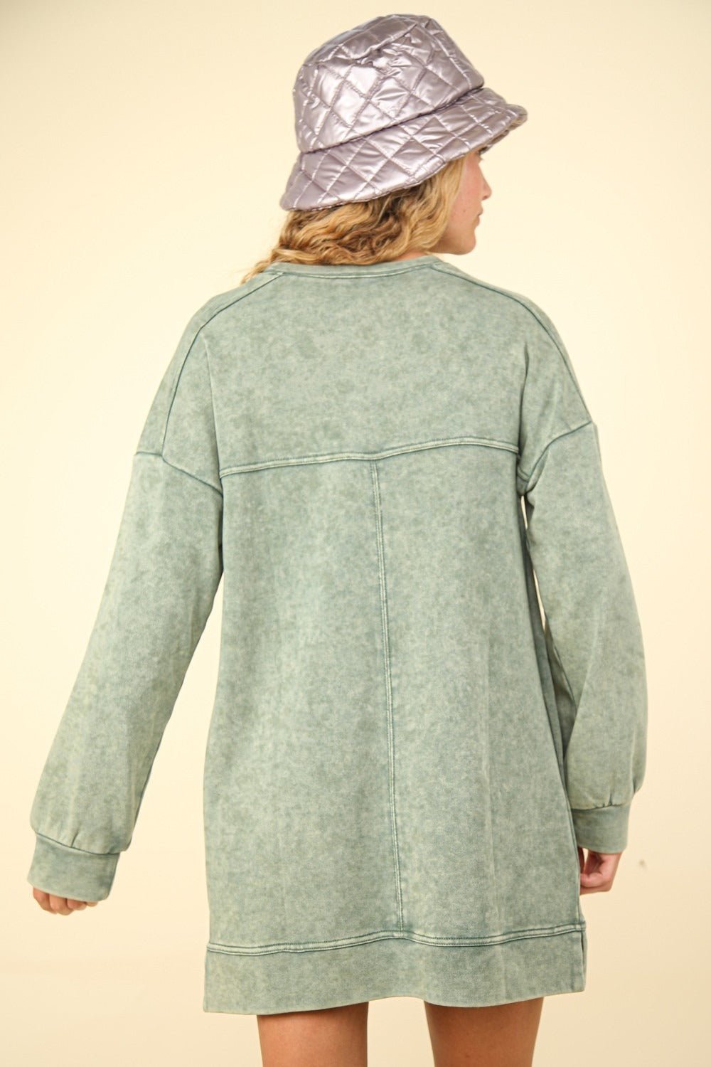 Very J - Mineral Washed Oversized Mini Sweatshirt Dress in Sage