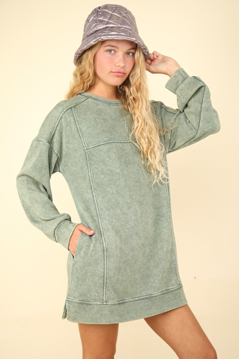 Very J - Mineral Washed Oversized Mini Sweatshirt Dress in Sage