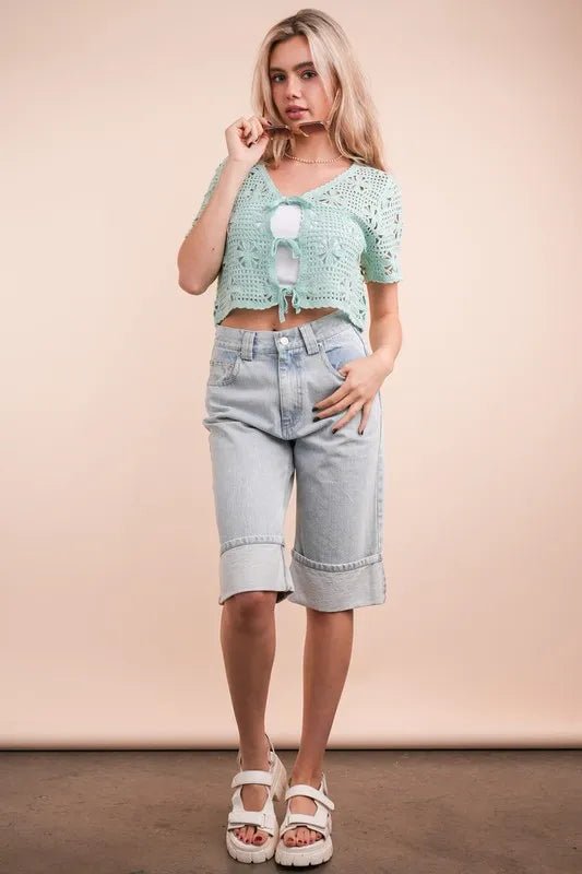 Very J - Mint Crochet Tie - Front Cardigan Top