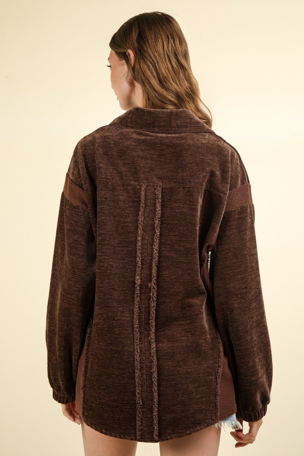 Very J - Mixed Media Button Down Raw Hem Shacket in Chocolate