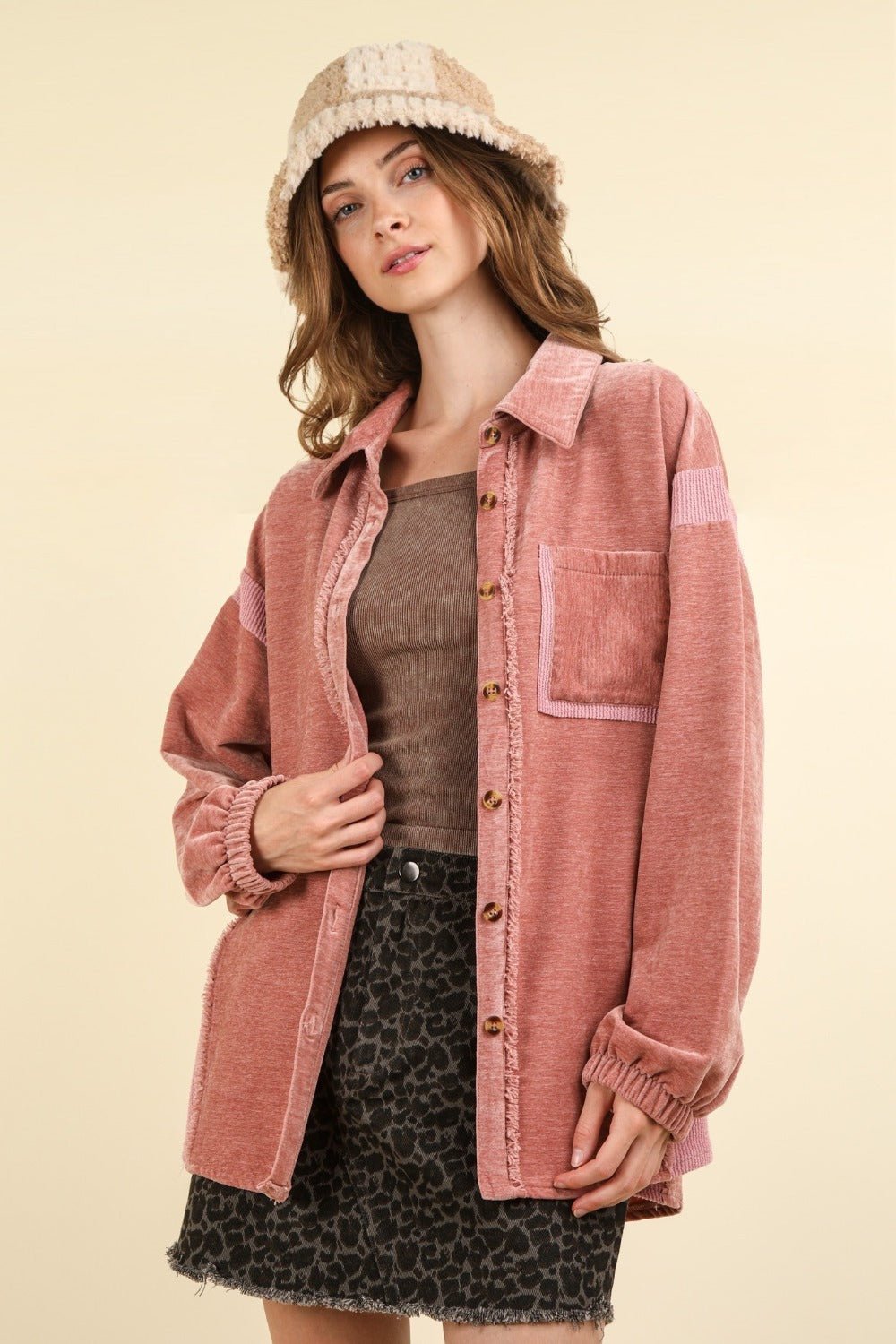 Very J - Mixed Media Button Down Raw Hem Shacket in Mauve