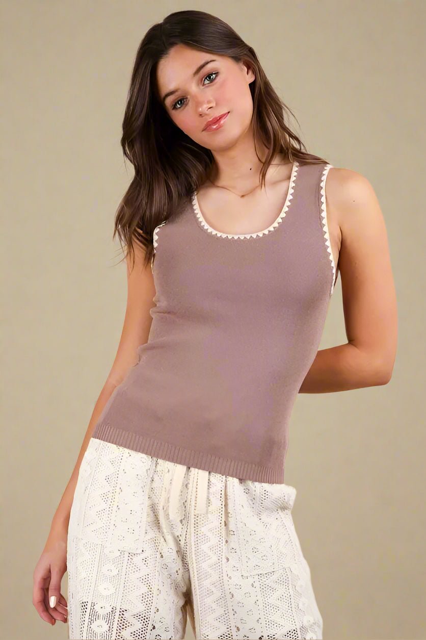 Very J - Mocha Scallop Trim Knit Tank