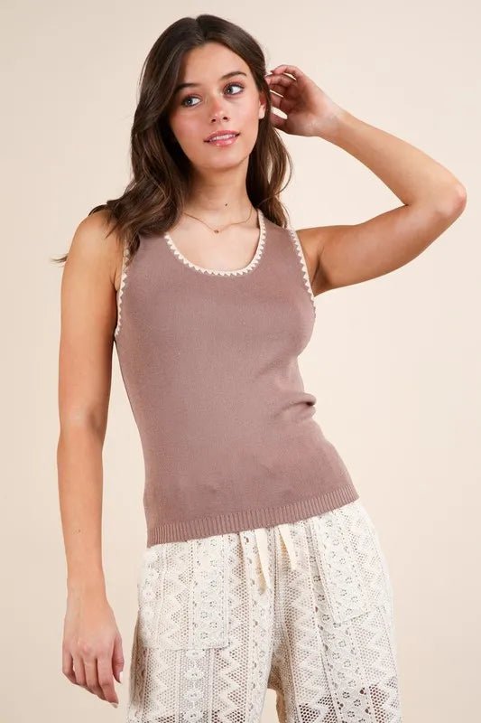 Very J - Mocha Scallop Trim Knit Tank