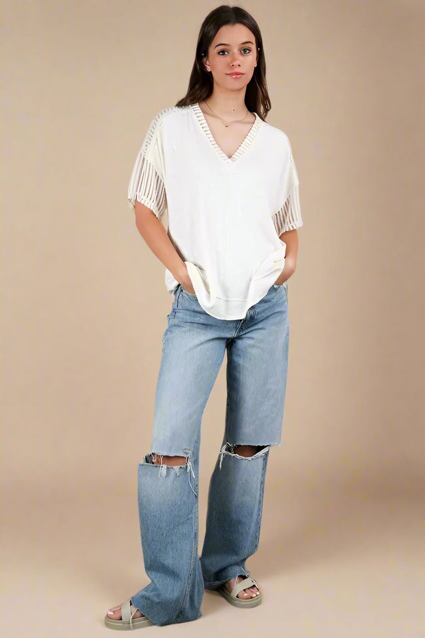 Very J - Natural Knit V - Neck Top with Sheer Mesh Sleeves