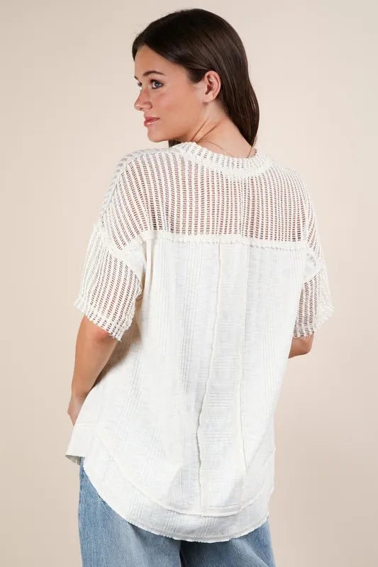 Very J - Natural Knit V - Neck Top with Sheer Mesh Sleeves