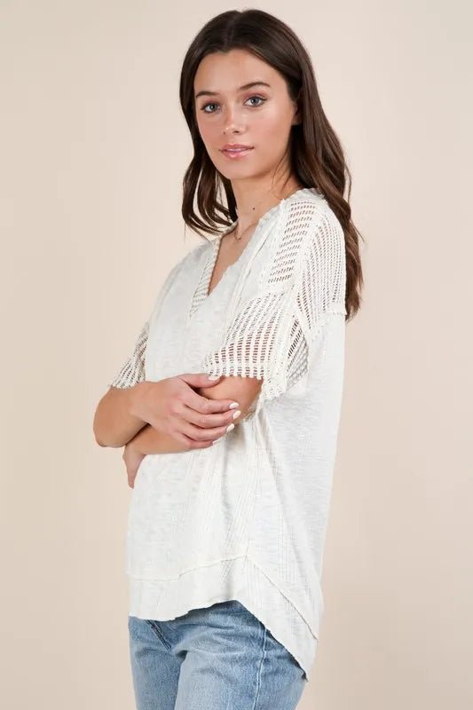 Very J - Natural Knit V - Neck Top with Sheer Mesh Sleeves