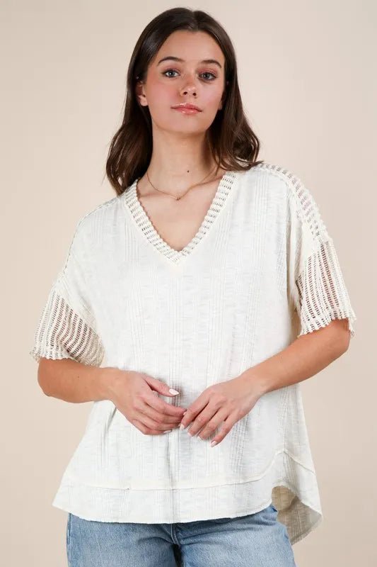Very J - Natural Knit V - Neck Top with Sheer Mesh Sleeves