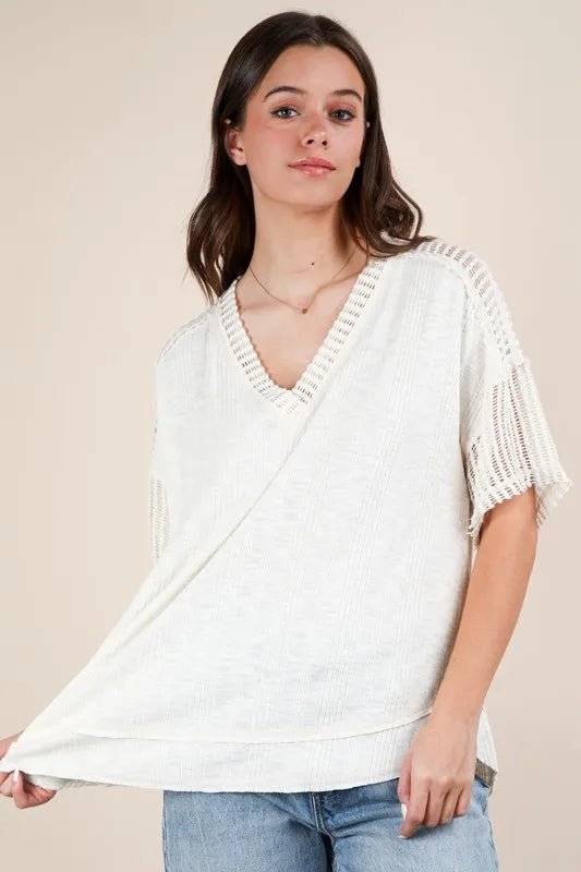 Very J - Natural Knit V - Neck Top with Sheer Mesh Sleeves