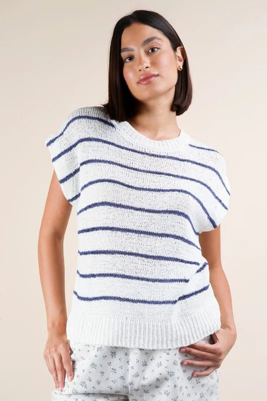 Very J - Navy & Ivory Striped Knit Cap Sleeve Sweater