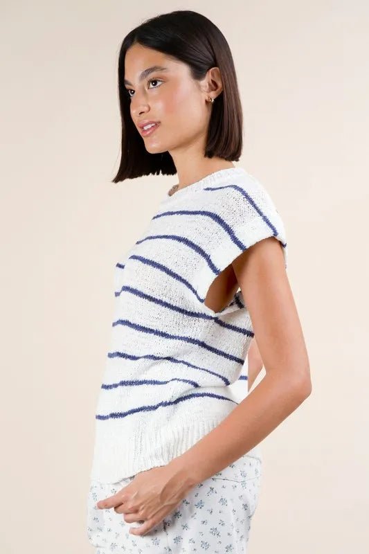 Very J - Navy & Ivory Striped Knit Cap Sleeve Sweater